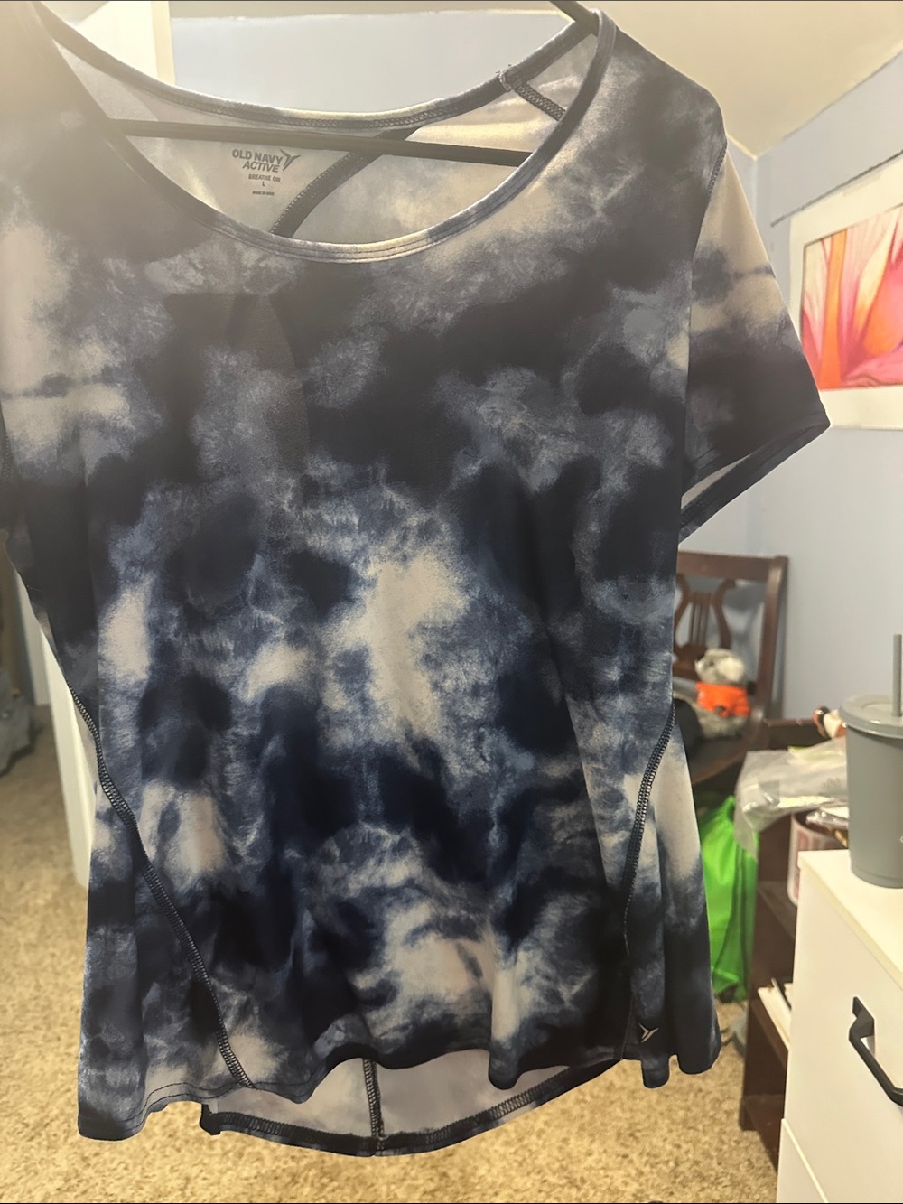 Old Navy Navy and White Tie-Dye Short Sleeve Active Top